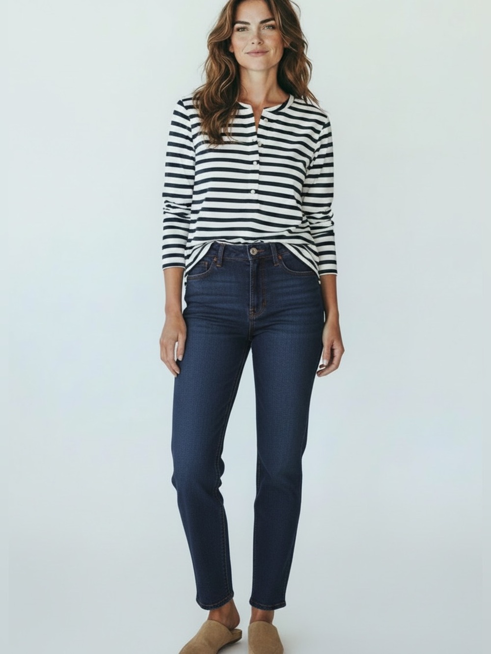 Women’s High Waisted Straight Leg Jeans in Deep Blue Denim